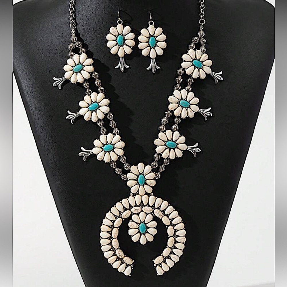 Bohemian White and Blue Squash Blossom Statement Necklace and Earrings